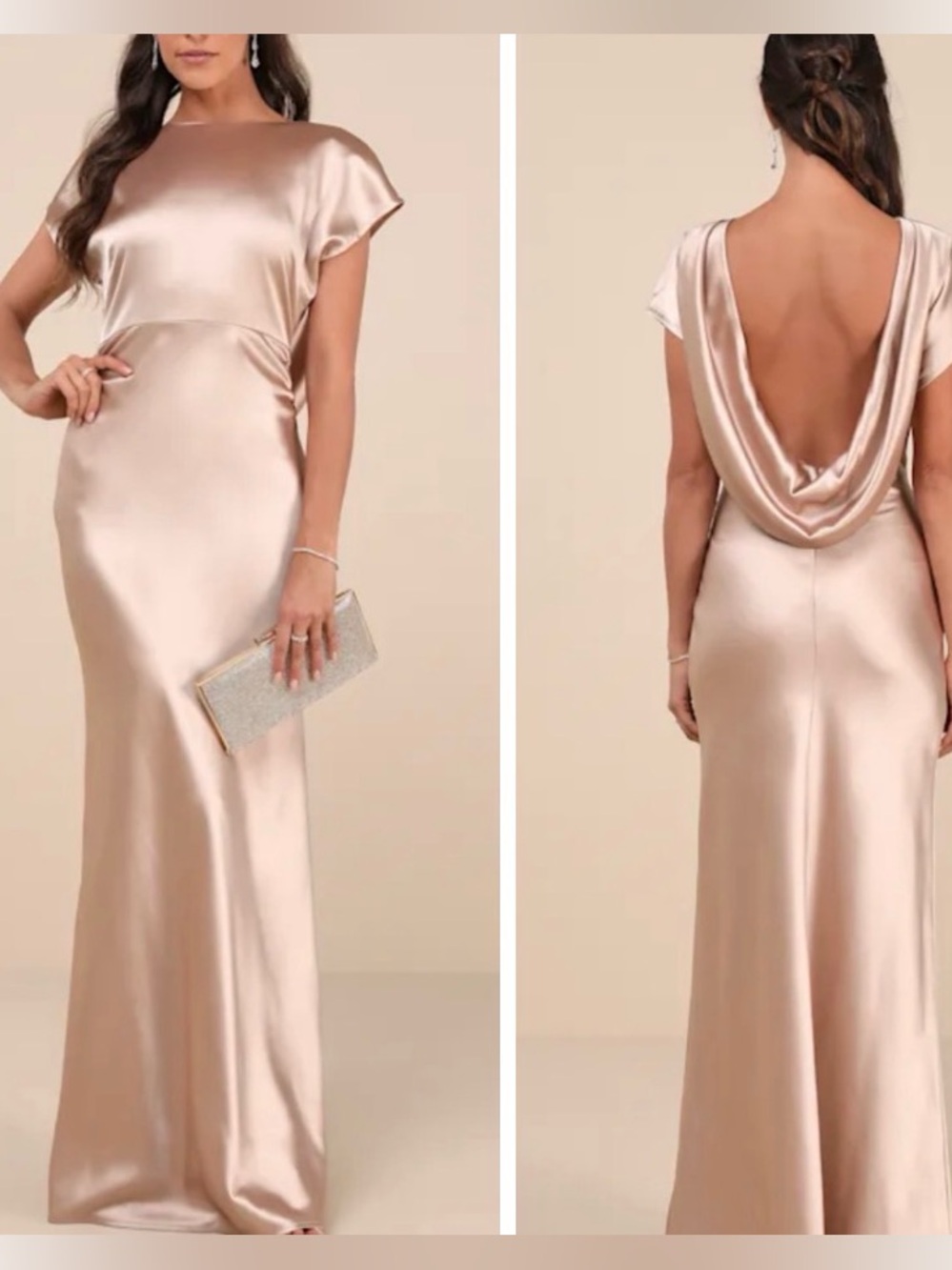 New bebe Satin Open-Back Evening Gown in Champagne